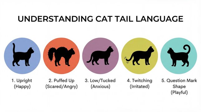 Cat tail chart shows moods. Tail guide explains upright happy, puffed frightened, low tucked, twitchy irritated, question mark playful cat tail signs for pet adoption, clinics, pet behavior education
