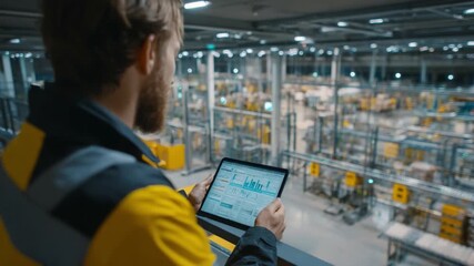 Operational Oversight in an Industrial Landscape: A focused individual, perched high above the organized chaos, monitors a digital interface. - Powered by Adobe
