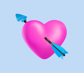 Purple heart with cupid arrow vector illustration 3D render. Valentines day symbol, romance and love element. Pink, Lovely heart on a blue background