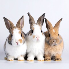 Fototapeta premium Three baby rabbits, facing forward, light background