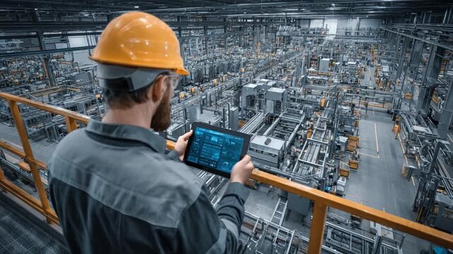 Industrial Oversight: A skilled technician, clad in a safety helmet, monitors intricate machinery within an expansive industrial complex, signifying progress.
