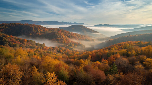 Rolling hills covered in autumn forest, layers of orange, red, and yellow trees fading into soft morning haze.