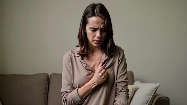 A woman with panic disorder is alone at home. Concept of psychology, loneliness, fear or mental health issues.