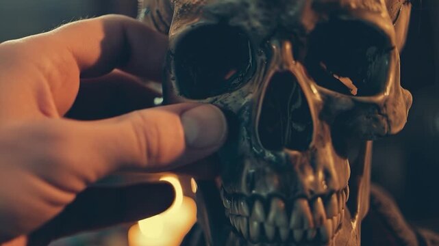 Video A close-up shot of a skull with a candle lit in the background, suitable for use in dark-themed designs or as a symbol of mortality