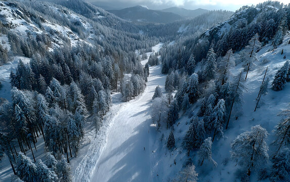 Aerial view at the slope on ski resort. Forest and ski slope from air. Winter landscape from a drone. Snowy landscape on the ski resort. Aerial photography - Powered by Adobe