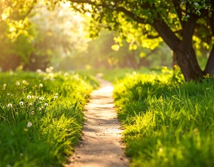 Sunlit path through a spring garden