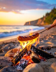 Sunset beach bonfire with sausage
