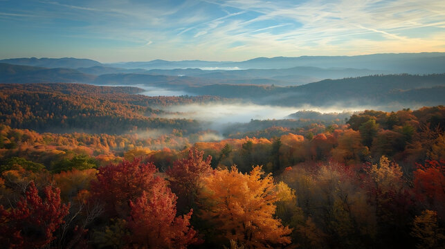 Rolling hills covered in autumn forest, layers of orange, red, and yellow trees fading into soft morning haze.