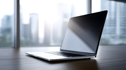 Laptop on a Desk: A modern laptop sits open on a polished desk, set against a blurred background of a city skyline, bathed in the soft glow of natural light.