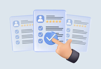 Hand interacting with transparent digital holographic documents and checklists in a futuristic interface, 3D vector on a white background, concept of technology and recruitment