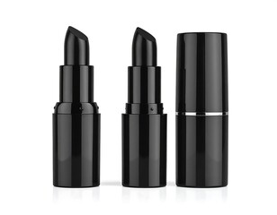 Obraz premium Three black lipstick tubes on a white background