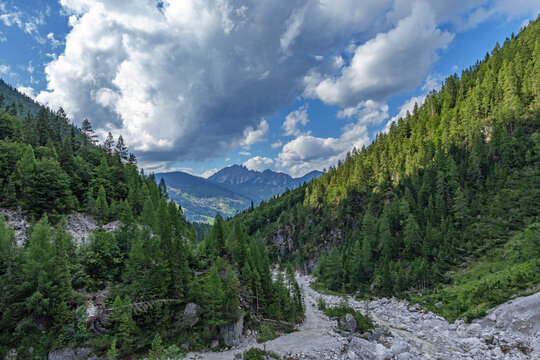 vista panoramica sull'ambiente naturale della Val Frisone , con cielo parzialmente nuvoloso, di giorno,  in estate, nel Veneto nord orientale