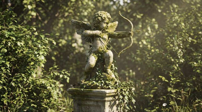 Mossy cupid statue aims bow. Cupid covered in ivy stands on stone pedestal in sunlit garden, cupid symbol for valentines day, wedding invitation, anniversary romance, nature love theme
