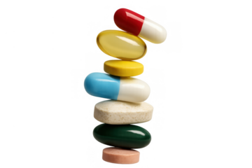 Colorful stack of medical pills, tablets, and capsules showing healthcare, pharmacy, and medication balance with transparent background
