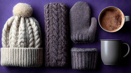Winter essentials flat lay with knitted accessories on purple background