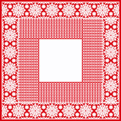 Christmas frame with a red and white Scandinavian sweater pattern, perfect for Christmas greetings. This holiday greeting template features a vintage-style illustration. Vector illustration.