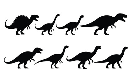 Silhouettes of various dinosaurs in black on white background prehistoric © Salman
