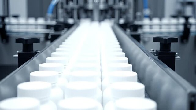 Pharmaceutical excellence and high-volume production: automated conveyor system rapidly packages white supplement bottles in a sterile, modern factory environment, ensuring global supply chain efficie