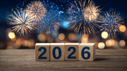Fototapeta na wymiar Nowy Rok 2026 z drewnianymi klockami i fajerwerkami na niebieskim tle