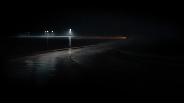 Nighttime road scene with headlights trails and streetlights along a dark road