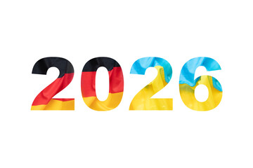 The year 2026 and the textures of the German and Ukrainian flags on a white background, a symbol of the new year, friendship, union and unity of countries, support, peace