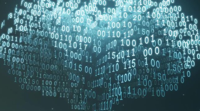 Cloud-shaped hologram formed from floating binary numbers with a subtle neon glow on a dark gradient background, symbolizing cloud computing, data storage and digital infrastructure in 4K.
