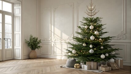 Fototapeta premium Beautifully decorated Christmas tree in elegant living room with gifts