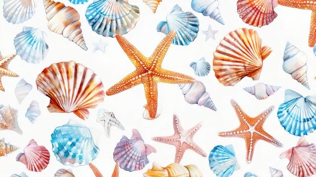 Video A colorful watercolor artwork featuring seashells and starfish arranged in a decorative pattern
