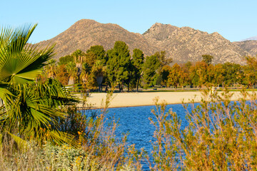 Panoramic Lake Perris View With Mountains and Palms