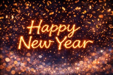 A vibrant new year celebration with fiery fireworks and golden text