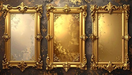 Three ornate gold picture frames against a dark marble background
