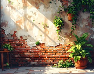 Sunlit, weathered brick room with plants