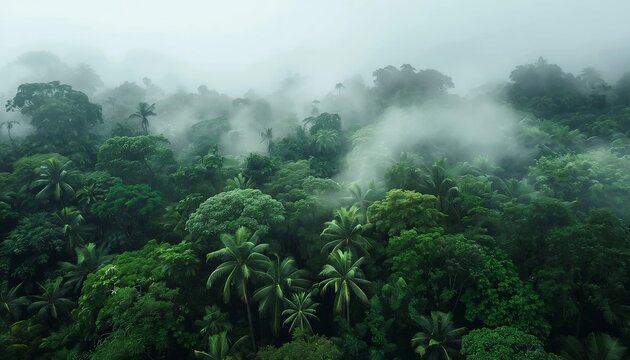 Tropical rainforest treetops fading into humid mist, lush green canopy, atmospheric haze, layered foliage, clean upper-edge cutout effect, realistic lighting.
