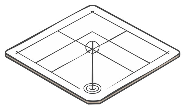 Traditional carrom board game shown in an isometric view, minimalist line art vector illustration