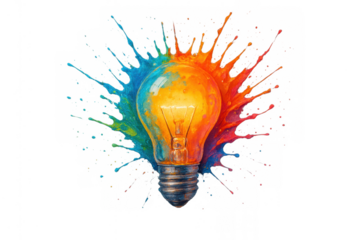 Light bulb splashing with vibrant paint, symbolizing creative ideas, innovation, and artistic inspiration