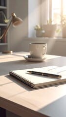 Sunlit workspace with coffee and notepad