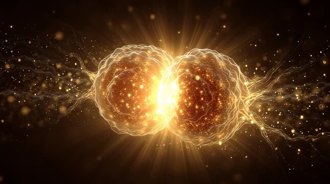 Conceptual visualization of cytokinesis where the final cell split releases a brilliant golden flash of light and energy, symbolizing creation of new life and biological renewal.
