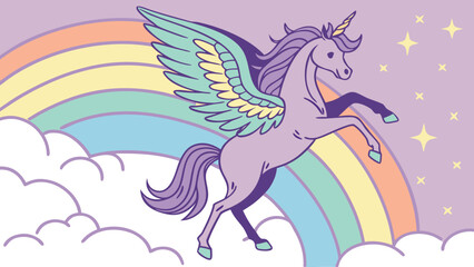 Mythical unicorn with wings flying over rainbow and clouds Vector
