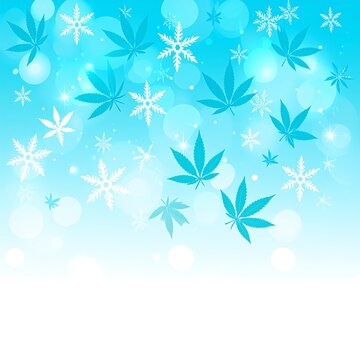 Teal and white winter background with snowflakes and cannabis leaves