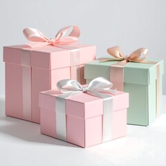 Three pastel-colored gift boxes, tied with ribbons