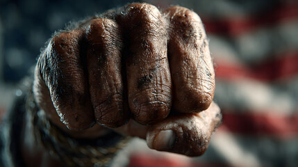 Black history month. African american fist raised over american flag background