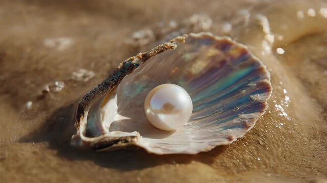 Pearl in Shell on Sandy Beach.