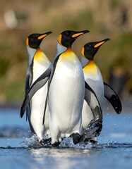 Three penguins in shallow water