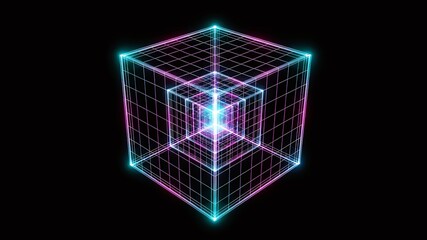Obraz premium Neon Wireframe Cube Tesseract Hypercube Spatial Computing Quantum Tech Virtual Reality Metaverse Data Block 3D Render Geometric Concept 
