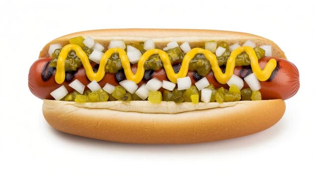 Delicious hot dog with mustard relish onions and peppers in bun closeup appetizing food presentation &nbsp;Ai HD 4K video.

