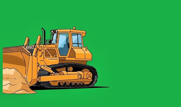 Yellow industrial bulldozer pushing pile of sand animation. Heavy construction earthmoving machinery working on green screen chroma key background