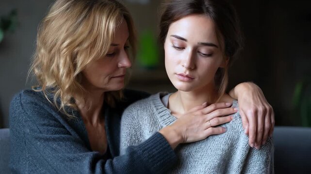 Loving daughter comforts her sad and worried mother during a quiet evening at home in a warm and cozy atmosphere