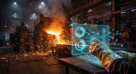 Molten metal pouring in factory with augmented reality interface for industrial quality control.