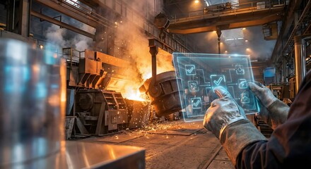 Molten metal pouring in steel mill with augmented reality quality control interface.