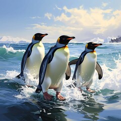 Three penguins waddle through waves